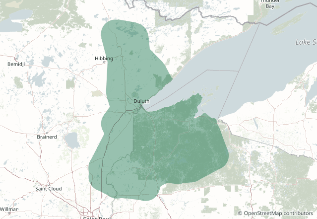 Map of the Manion Foods delivery range across northwest Wisconsin and northeast Minnesota